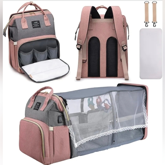 Land Handbags - Land Traveling Share Diaper Bag Backpack Pink w/ Mosquito Net Toys not included